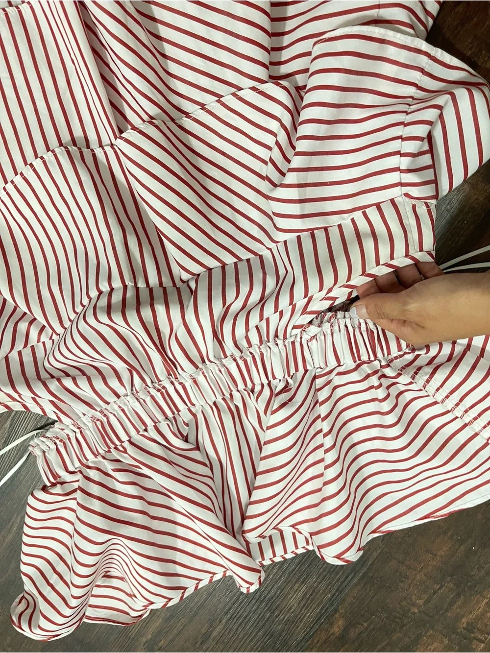 LULUS Red and White Striped Ruffle Tiered over under the Shoulder Dress Medium